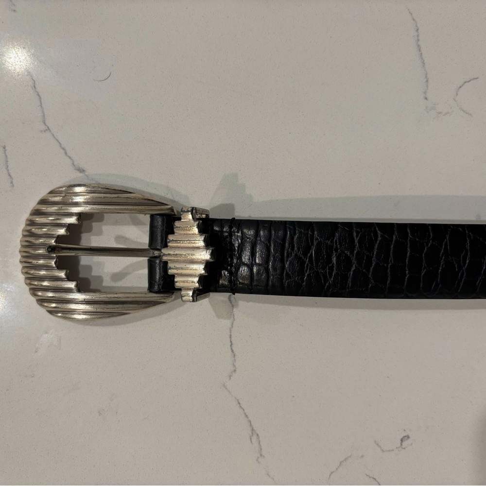 Black leather belt silver hardware